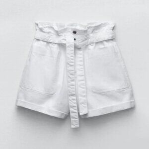Zara White Belted Paperbag Tie Belted High Waist Denim Jean Shorts